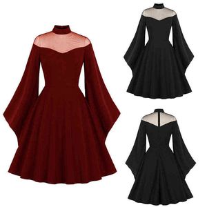 Gothic Black Women Party Dress Flare Rękaw Czarny Dark Czerwony Boże Narodzenie Linia Huśtawka Sundress Jesień Zima Vintage Retro Sukienki G1214