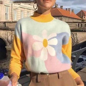 Foridol dzianiny kwiatowy vintage zimowy sweter swetry female casual streetstyle żółty podstawowy sweter zworki 210415
