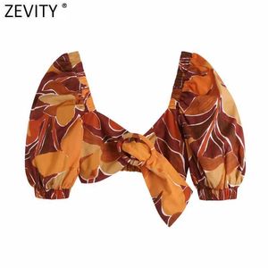 Zevity Women Tropical Floral Print Kort Blus Kvinna Puff Sleeve Elastiska Slim Skjortor Buckle Blusas Chic Boho Crop Tops LS9318 210603