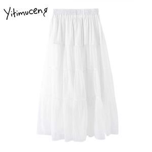 Yitimucengホワイトスカート女性ガーゼミニAラインハイウエストミッドカーフ服堅い春夏韓国のファッションスカート210601