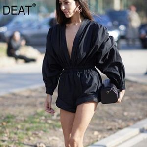 봄 패션 여성 의류 유럽 V 넥 랜턴 슬리브 높은 허리 빈티지 섹시한 jumpsuit we01701M 210421