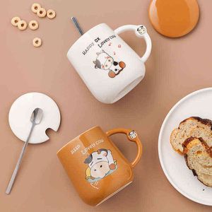 400ml Cartoon Cow Mug Ceramic Cup with Spoon Can Be Used At Home and Office Lovely Animal Print, Milk, Coffee Glass Set G1126