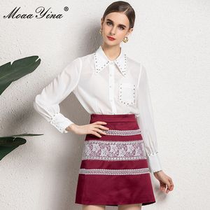 Модные дизайнерские наборы летние женские фонарики элегантная белая блузка и высокая талия печати красная юбка из двух частей костюм 210524