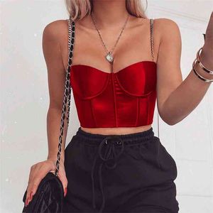 Sommarbesked Topp Kvinnor Sexig Bustier Top Blackless Chain Strap Padded Beskuren Casual Satin Svart Beskära Toppar Kläder 210518