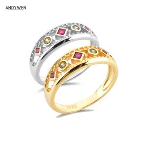ANDYWEN 925 Sterling Silver Four Zircon Thick Large ETRUSCAN RING Women Rock Punk Fashion Fine Jewelry Wedding Round Jewels 210608