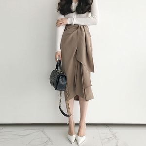 [EWQ] Gonna casual da donna primavera tutto-fiammifero fasciatura a vita alta gonne longuette asimmetriche moda coreana femminile elegante 210423
