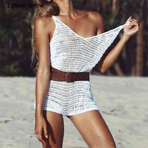 Boho Hollow Out Hole Hand Crochet Bodysuits Kvinnor Lacing Up Strap Beach Bikini Romper Kort Byxor Jumpsuit Playsuit Holiday 210429