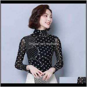 Blouses Womens Abbigliamento Abbigliamento Abbigliamento Goccia Consegna 2021 Plus Size Delle Donne Camicie a maniche lunghe Polka Dot Turtleneck Slim Blusa Camicia Blu Nero 99251 Ah