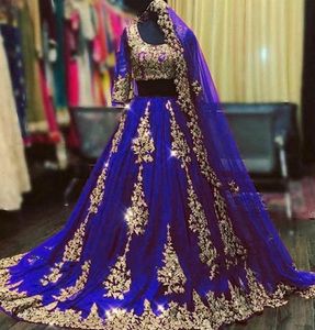 Chic marockanska kaftan kväll klänningar två bitar en linje lång arabisk Mellanöstern Royal Blue Broderi Lace Formal Occasion Dress Prom Party Chowns med slöjor