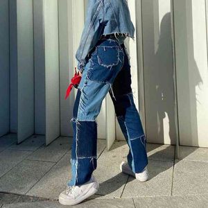 Kot Kadın Yüksek Bel Baggy Kot Pantolon Bayanlar Moda Capris Cep Vintage Patchwork Düz Pantolon Streetwear Y2K Pantolon 210515
