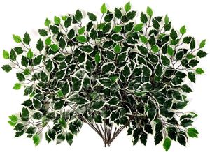 12Pcs Artificial Variegated Ficus Leaves Trees Branches Greenery Indoor Outdoor Plant for Office House Farmhouse Home garden decoration (Green & White)