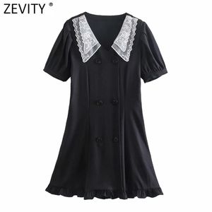 Kobiety Słodkie Koronki Kołnierz Patchwork Double Breasted Black Mini Dress Kobieta Chic Rękaw Puff Ruffles Letnie Vestido DS8161 210420