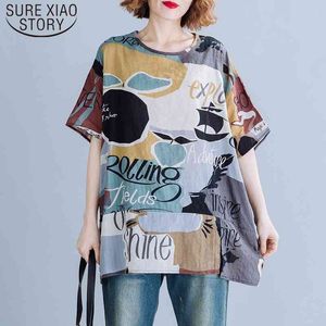 Large Size Matching Printed Short Sleeve T-shirt Female Summer Loose Women Top O-neck Plus Cotton Ladies Tops 5760 50 210510