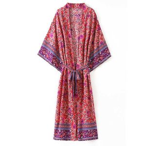 100% Cotton Floral Boho Robes Casual Plus Size Women Batwing Sleeve Holiday Rayon Vestidos Hippie Maxi DrFemme X0621