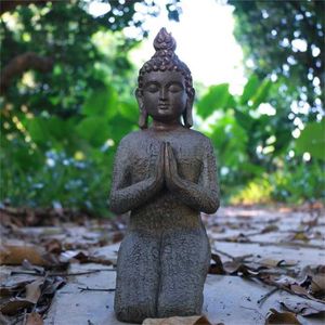 Polyresin-Buddha-Gartenstatuen im Freien, freundliche Buddhismus-Figur, Feenornamente, Heimdekoration, drei Hände im Used-Look, 211108