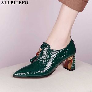 ALLBITEFO vera pelle + trama di pietra tacchi spessi ufficio scarpe da donna scarpe tacco alto di marca autunno / primavera scarpe donna tacchi 210611