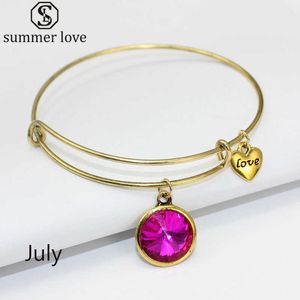 Cheap Birthstone Charm Love Bangle Expandable Wire Bracelets for Women Gold Color Bangles Jewelry Q0719