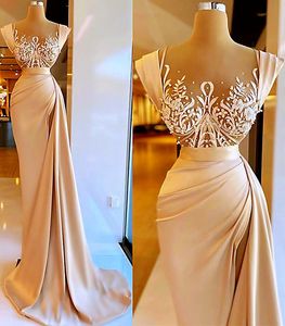 Elegant Real Image Champagne Lace Satin Mermaid Formal Evening Dresses Overskirt Train Plus Size Prom Party Gowns For African Women