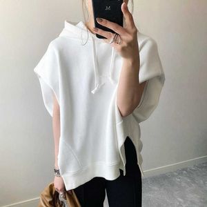 Zwykły Biały Kapturem Kapturem Francuski Krótki Rękaw Ladies Moda Casual Loose Proste Pulower Koreański Styl Summer Fall Women Odzież X0721