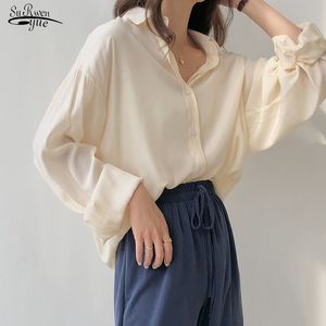 Moda de primavera Plus tamanho Botão de blusa vintage para cima camisa sólida damasco senhora mangas compridas feminino camisas soltas de rua 13359 210521