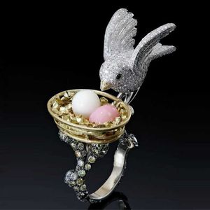 Jóias pássaros alimentando o ninho de pássaro criativo em forma de anel europeu e americana jóias x0715