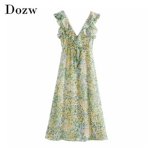 Women Boho Floral Print Long Dresses Vintage Ruffled Split Chiffon Summer Sleeveless Party Robe Femme 210515