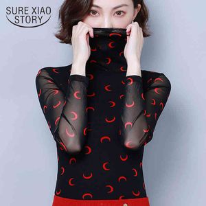 シフォンTシャツ秋の服の女性長袖シャツTurtleNeck Tシャツメッシュプリントレディーストッププラスサイズ4xL 7522 50 210417