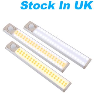 Storbritannien lager LED-skåplampor USB Lithium Batteri Uppladdningsbar trådlös lampa Kroppsavkänning Ljusstång Magnetband Väggbelysning Garderobslampor