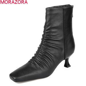 Моразора натуральные кожаные сапоги мода квадратный носок высокие каблуки женские туфли осень зима складки ботильоны для женщин 210506