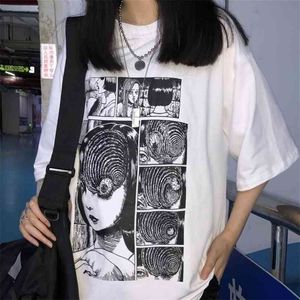 Biały Tees Junji Ito Horror Manga Uzumaki T-shirt Kobiety Moda Topy Grunge Estetyczne Anime Tee Hipsters Harajuku Styl T Shirt 210720