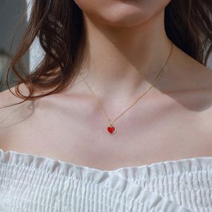 Newest Simple Design Necklace with Red Peach Heart Pendant Trendy Gold Color Chain Necklaces Women Jewelry