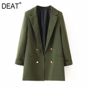 [DEAT] Kvinnor Armé Grön Dubbel Breasted Blazer Lapel Långärmad Lös passform Jacka Mode Vår Höst 1881 210918