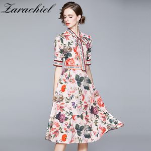 Fashion Designer Runway Summer Women's Letter Bow Tie Collar Short Sleeve Vintage Floral Printed Midi Dress 210416