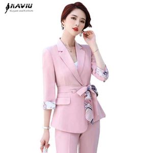 Женский розовый брючный костюм, летний профессиональный тонкий блейзер и брюки с коротким рукавом, офисная женская модная повседневная рабочая одежда 210604