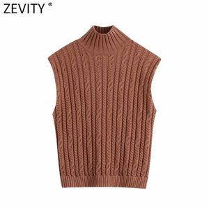 Zevity Spring Women Fashion Ärmlös Casual Slim Knitting Vest Sweater Ladies Chic Turtleneck Åtta Twist Pullovers Tops S563 210603