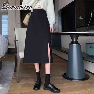 春の夏のプラスサイズS-5XLファッション韓国風の女性黒いスリットハイウエストミディスクールラインスカート女性210421