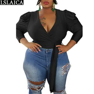 Women Blouses Autumn Puff 3/4 Sleeve V Neck Strappy Plus Size Ladies Tops Solid Slim Female Shirt Streetwear 210515