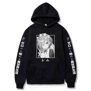 Re:Zero Restarting Life from Zero in New World Print Hoodie Anime Harajuku Rem Ram Autumn Långärmad Sweatshirt Plus Size H1206