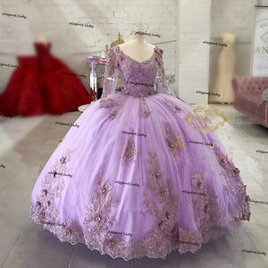 Tatlı 16 Lila Lavanta Quinceanera Elbiseler Dantel Aplike Kızlar 15 Yıl Doğum Günü Elbise Meksika Balo Kıyafeti 2021 Vestidos de Xv Años