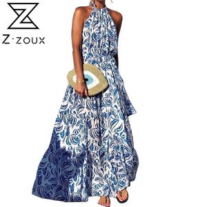Kobiety Sukienka Drukowane Czechy Sexy Długie Długie Kwiatowe Maxi Es Bez Rękawów Halter Fashion Plus Size Beach ES 210524
