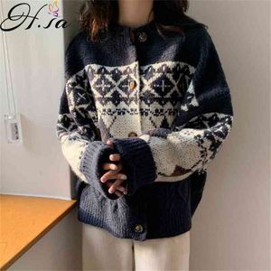 H.sa Sweater Coat for Women Loose Retro Style Autumn Korean Style Versatile Knitted Cardigan Chinese Style Outerwear 210716