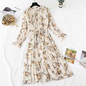 Vintage långärmad kvinna klänning vår sommar blommig print chiffong pläterad klänning ruffled långa klänningar plus storlek vestidos 210521