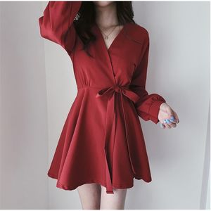 lace up Plus size Autumn Girls Boho Party Female Vintage Dress v neck Long Sleeve Women Dresses red Robe Vestido 210417