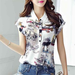 Women Spring Summer Style Chiffon Blouses Shirt Lady Casual Short Sleeve Turn-down Collar Printed Casual Loose Tops DF3548 210401