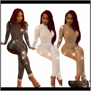 Jumpsuits Womens Roupas Vestuário Drop Gotas 2021 Sparkly Estilo Macacão Mulheres Comprimento Completo Sexy Club Jumpsuit Lantejoulas Bodysuit