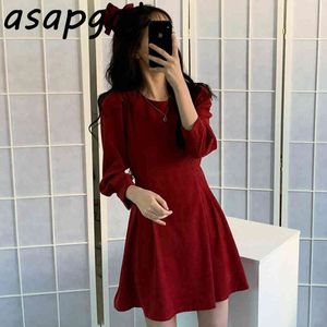 Koreanische Chic Slim-fit Lace-up Taille Plissee A-linie Kleid Kurze Plus Größe Rot Rundhals Puff Langarm vintage Vestido Sanfte 210429