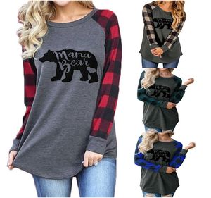 Ekose Mama Bear T-Shirt Mektup Baskı Gömlek Uzun Kollu Bluz Kazak Gevşek Fit Casual Sonbahar Özel Giyim 4 Renkler GYL104