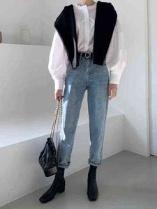 Jeans da donna Pantaloni in denim Vita alta Tasca coreana Bianco Nero Beige Blu Pantaloni larghi in denim femminile Harem Pantaloni Streetwear Y211115