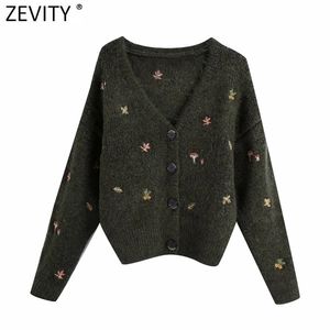 Zevity Women Elegant V Neck Embroidery Knitting Sweater Femme Chic Basic Long Sleeve Breasted Casual Cardigans Tops S483 211103