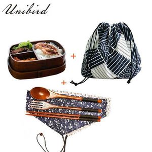 Unibirte hölzerne japanische Oval-Lunchbox mit Bagspoon-Essstäbchen Sushi-Lebensmittel-Container Kinderfach Bento-Geschirr-Set 210709